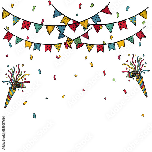 Vibrant hand-drawn party celebration background with colorful bunting, falling confetti, and festive party poppers, perfect for invitations and greeting cards.