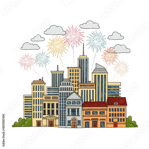 A vibrant cartoon city skyline featuring a diverse range of buildings, illuminated by colorful fireworks exploding in the night sky under fluffy clouds. A festive urban celebration.