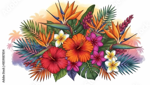 Tropical Floral Bouquet with Hibiscus, Bird of Paradise and Palm Leaves on Soft Sunset Background