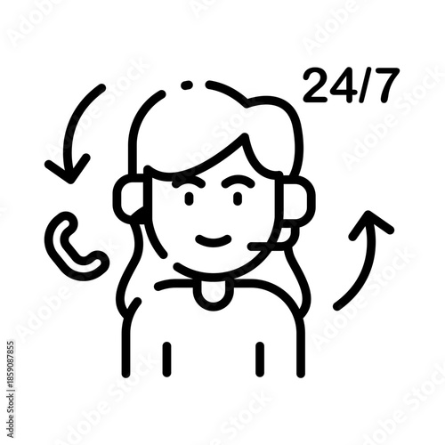Customer Service Support Icon Line Art Style with 24/7 Call Center Operator
