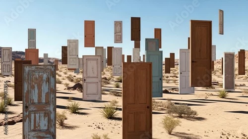 Floating doors in a desert landscape with mountains