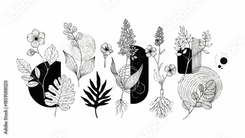 Botanical Line Art Collection Abstract Shapes and Plants.