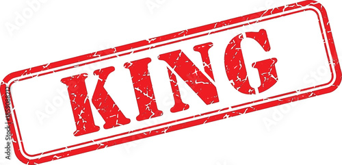 A striking red stamp displaying the word king in bold distressed lettering on a white background
