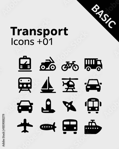 Collection of Simple Transport Icons in Black and White.