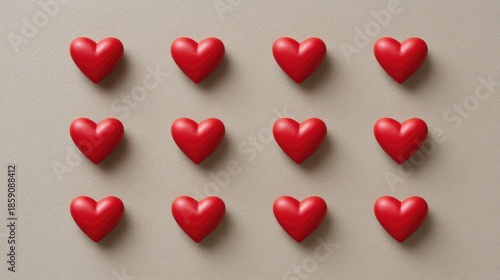 Numerous Red Hearts Arranged in a Symmetrical Fashion Against a Light Beige Background Creating a Romantic and Affectionate Atmosphere