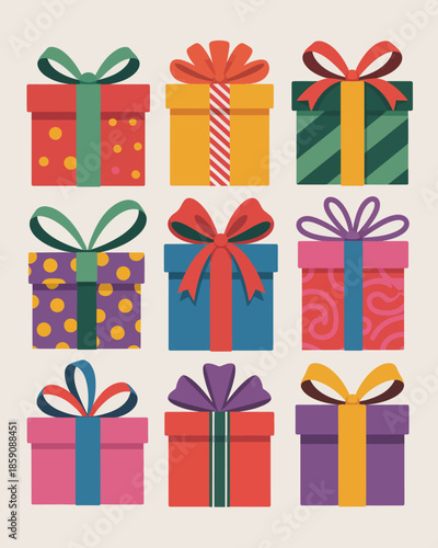 Nine colorful gift boxes with various patterns and ribbons.