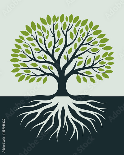 Stylized illustration of a tree with visible roots and green leaves.