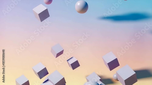 Floating geometric shapes in pastel gradient background