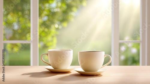 Wallpaper Mural Two White Ceramic Cups of Coffee on Wooden Table with Bright Morning Sunlight and Green Nature Background Creating a Warm and Cozy Atmosphere Torontodigital.ca