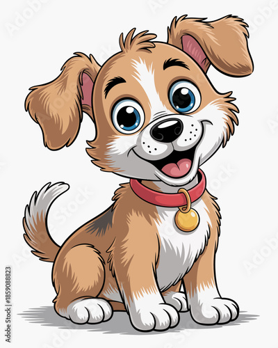 Adorable cartoon dog with a happy expression and red collar.