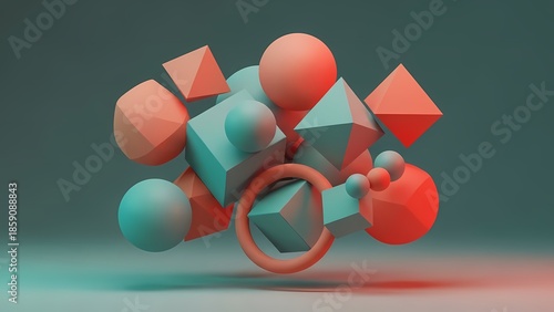 Abstract composition of colorful geometric shapes including spheres, cubes, and a ring floating in space
