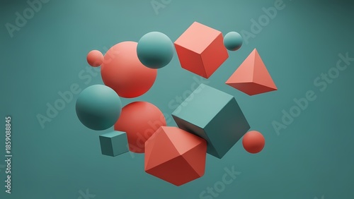 Abstract composition of colorful geometric shapes floating in space