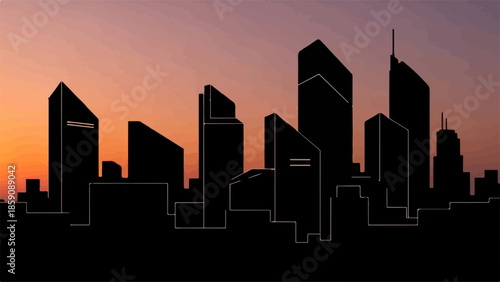Modern city skyline silhouette against a warm sunset sky.
