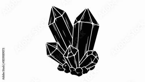 Cluster of sharp black crystals with geometric facets on a white background