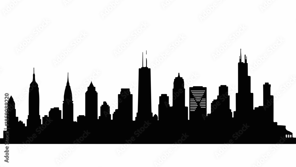 Fototapeta premium Modern city skyline silhouette at dusk, representing urban growth and architecture.
