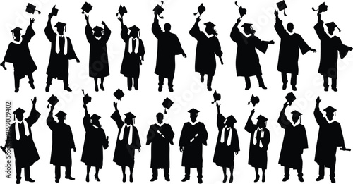 Graduation ceremony silhouette collection of celebrating students throwing caps, academic success moments, education achievement concept isolated on white background illustration