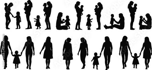 Mother and child silhouette collection showing caring moments, family bonding, parenting stages, and loving interactions isolated on white background illustration