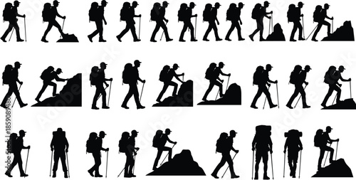 Hiking and mountaineering silhouette sequence showing backpackers trekking uphill with walking sticks outdoor adventure journey isolated on white background illustration