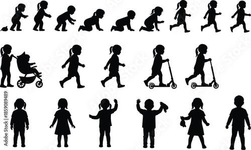 Child growth and play silhouette sequence showing toddlers crawling walking running riding scooter and playful activities isolated on white background illustration