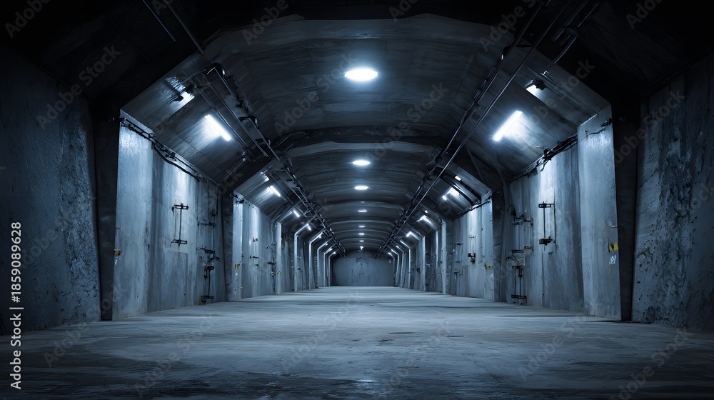 Obraz premium Dark and Mysterious Tunnel with Illuminated Ceiling Lights and Closed Doors.