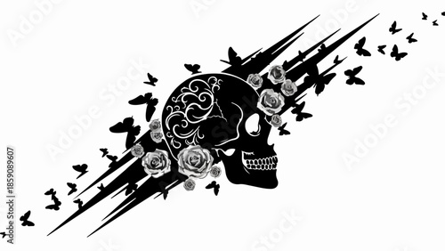 Darkly elegant skull adorned with roses and swirling butterflies