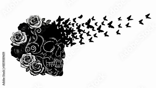 Elegant skull adorned with roses transforms into a flock of butterflies, symbolizing transformation and freedom.