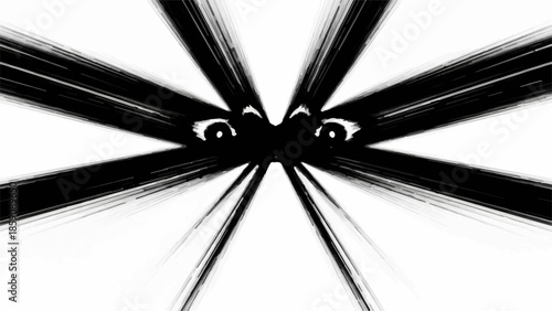 Intense eyes peering through abstract black lines, creating a feeling of suspense and mystery.