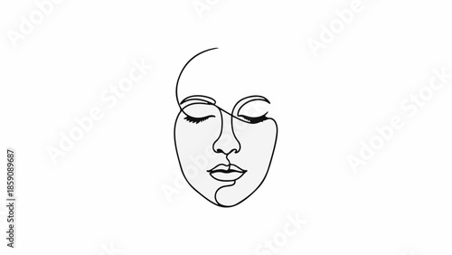 Minimalist line art portrait of a serene female face with closed eyes, embodying peace and beauty.