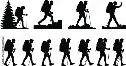 Black silhouette hikers trekking with backpacks and poles set showing outdoor adventure mountain hiking poses isolated on white background illustration