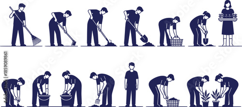 Gardening work process illustration showing people planting digging raking and carrying plants step by step in flat minimal vector style