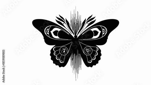 Intricate black butterfly silhouette with abstract wing patterns on a white background