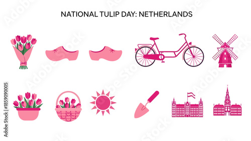 Pink and magenta icons representing Dutch culture for National Tulip Day