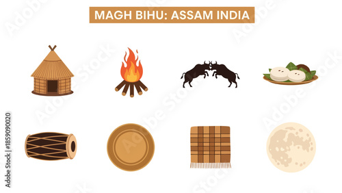 Illustrations representing elements of Magh Bihu festival in Assam India