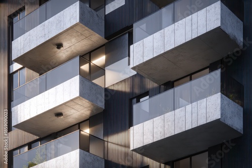 Contemporary apartment exterior with staggered terraces alternating dark metal and bright plaster surfaces Shadows precise ultra fasade sharp