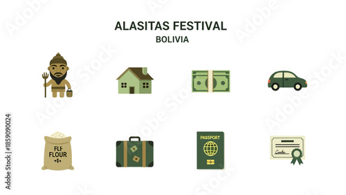 Illustrations related to the Bolivian Alasitas festival featuring Ekeko and miniature possessions