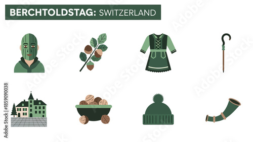 Illustration of eight icons related to Berchtoldstag in Switzerland featuring figures and objects