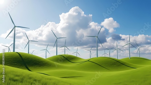 Wind turbines on rolling green hills under a bright blue sky with fluffy clouds