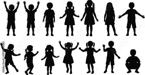 Black silhouette children set showing playful kids standing jumping and joyful poses isolated on white background childhood illustration collection
