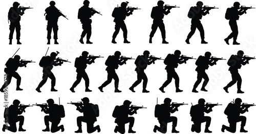 Black silhouette soldiers aiming rifles set showing tactical military combat walking kneeling and shooting poses isolated on white background illustration