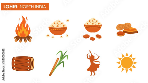 Icons representing Lohri traditions bonfire puffed rice peanuts dhol sugarcane dance sun