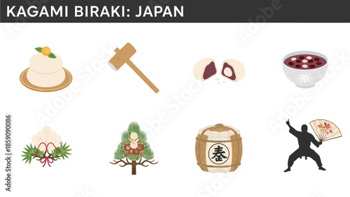 Illustration depicting items associated with Japanese Kagami Biraki celebration