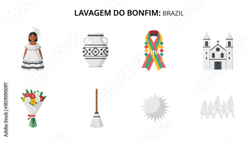 Icons representing elements of the Lavagem do Bonfim festival in Brazil including a woman vase ribbon church flowers broom sun and people