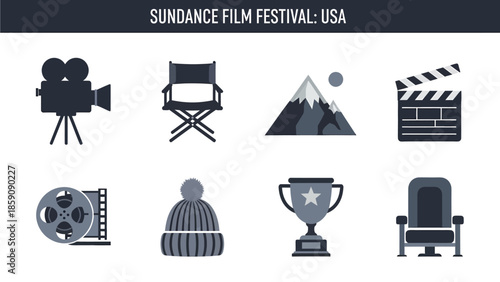 Graphic icons related to the Sundance Film Festival including film equipment mountains and a winter hat