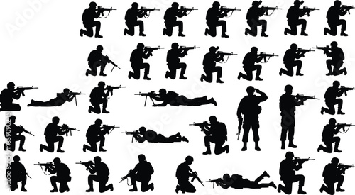 Black silhouette soldiers aiming rifles set showing military tactical combat positions kneeling prone and standing poses isolated on white background illustration