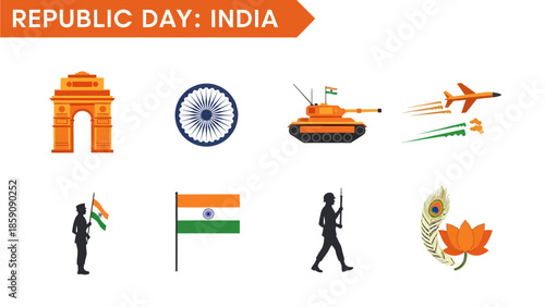 Graphic icons illustrating elements of Indias Republic Day celebration