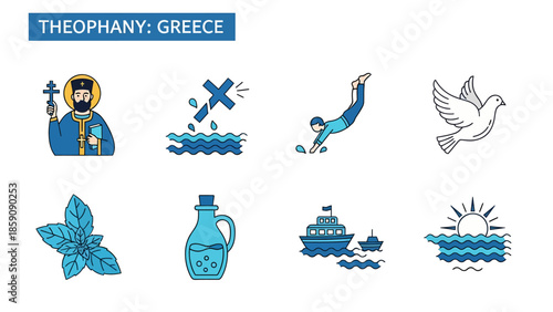 Graphic icons illustrating elements of Theophany celebrations in Greece