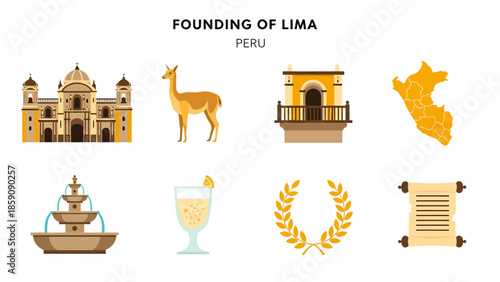 Flat icons representing the founding of Lima Peru arranged in two rows