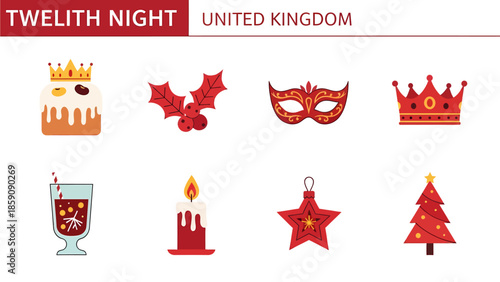 Eight red and white icons representing Twelfth Night traditions in the UK