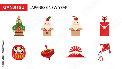 Eight icons representing Japanese New Year traditions arranged in two rows