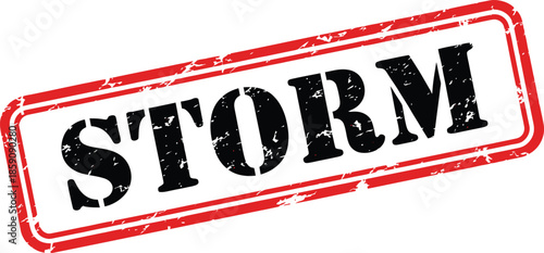 A striking red stamp with the word storm boldly written in large black distressed lettering is shown